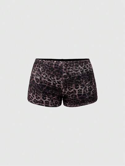 Grunge Punk Shorts cortos de mujer de tiro bajo con estampado de leopardo y lentejuelas, estilo Y2K