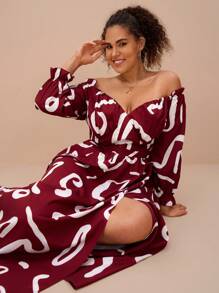 SHEIN VCAY Plus Size Red Letter & Geometric Off Shoulder Long Sleeve A-Line Split Hem Dress, Romantic Holiday/Date Party Backless Open Back Dress For Christmas New Year - Red and White - View 1