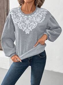 SHEIN LUNE Women's Casual Lace Long Sleeve Sweatshirt, Holiday Wear