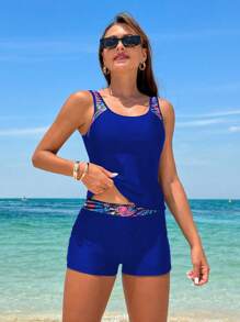 Swim Lushoire 一件式女士无袖圆领短款上衣和下装休闲泳装套装夏季 - 寶藍色 - 查看 2