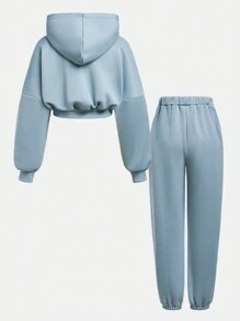 SHEIN Leap Crew Tween Girls Casual Knitted Hoodie Sweatshirt And Drawstring Pants Set - Dusty Blue - View 2