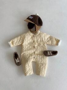 SHEIN 2024 女婴秋冬季中性婴儿连脚连体衣，加垫保暖内衬保暖连体衣。中性保暖加垫保暖内衬婴儿连体衣。时尚百搭，让宝宝在秋冬季节保持舒适 - 杏色 - 查看 5