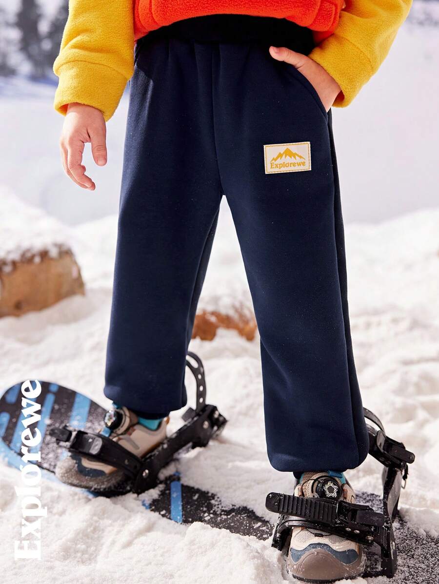 SHEIN Young Boy Mountain Letter Embroidery Pockets Drawstring Loose Casual Sweatpants