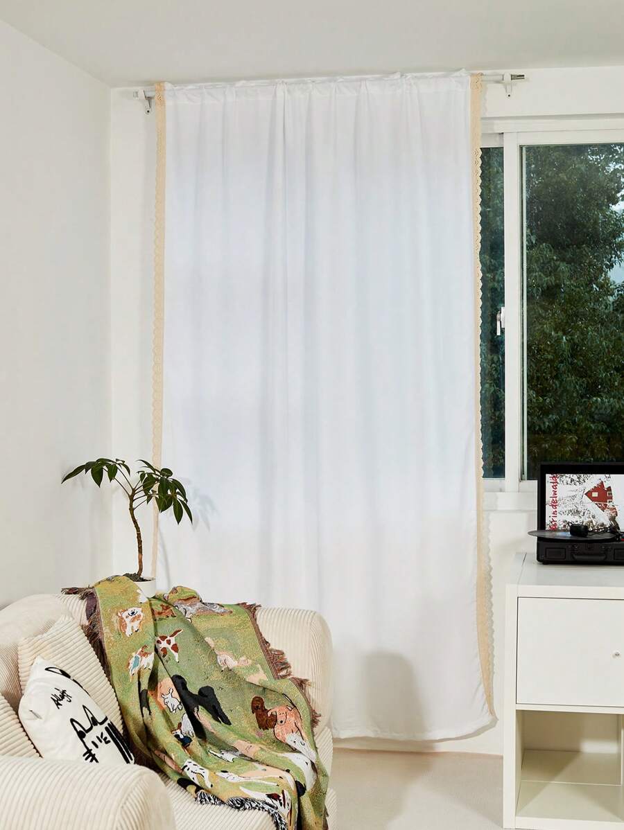 1pc White French Lace Trim Casual Curtain For Living Room Or Bedroom - White - View 1