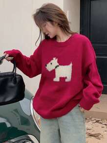 DAZY Women Loose Fit Round Neck Dog Pattern Knit Sweater,Fall Clothes Christmas,New Year
