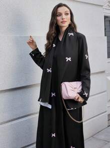 Al Najma Women's Elegant Bow Pattern Headdress Fashionable Vacation Conservative & Graceful Arabian Dress, Spring & Autumn, Muslim Fashion Maxi Dresses - Black - View 5