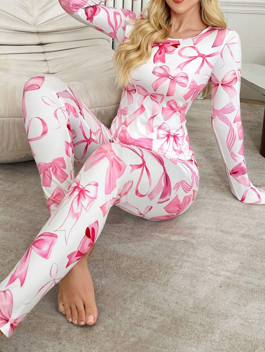 SweetSlumber INS Style Bow Decor Cute Women's Set, Fall / Winter - Pink - View 1