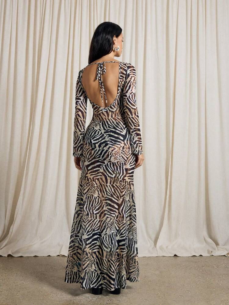 AiiRZ Animal Print Maxi Dress Long Sleeve Flowy Evening Dress Open Back Tie Design Zebra Pattern Floor Length Fall Winter Resort Wear