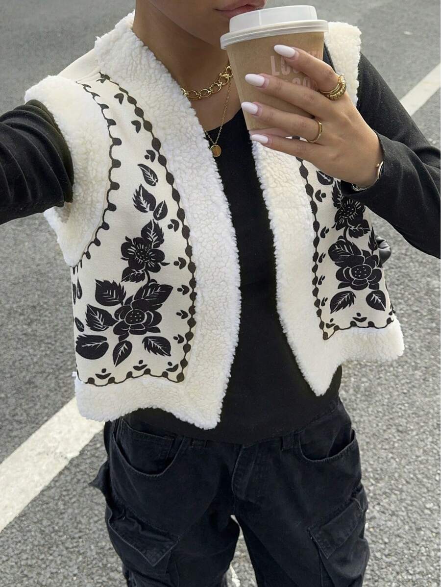 SHEIN Essnce Autumn And Winter Women's Casual Plush Sleeveless Printed Coat Nomadic Style Wear Teddy Wool Warm Jacket - Apricot - View 1