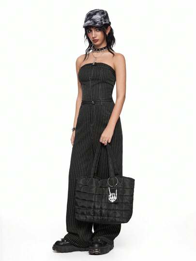 Grunge Punk Débardeur crop top simple de style punk sexy et combinaison à jambes larges avec rayures et couleurs contrastées pour femmes, noir/blanc/gris