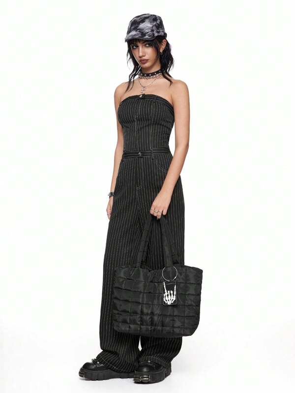 ROMWE Grunge Punk Sexy Punk Style Simple Streetwear Crop Top & Striped Contrast Color Wide Leg Jumpsuits For Women, Black/White/Gray