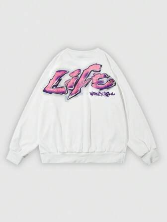 Street Life Men's Letter Print Crew Neck Casual Long Sleeve Pullover Sweatshirt