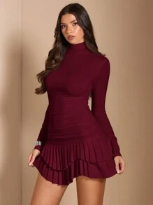 SHEIN BAE Vestido mini de manga larga, doble capa y fruncido en color bliso sólido, adecuado para graduación, baile, fiesta de cócteles, cita romántica, uso en capas, fiesta, evento formal, Halloween, Navidad - Burdeos - Ver 10