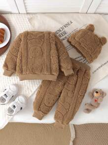 SHEIN Vintaside Kids 3-Piece Set For Baby Boys And Girls: Plush Teddy Bear Pattern Sweatshirt, Plush Sweatpants, And Plush Ear Hat, A Cute And Comfortable Set Suitable For Autumn/Winter Season, Great For Outdoor Trips Or Daily Indoor Wear