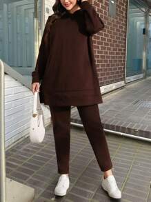 SHEIN LUNE Bộ 2 món/bộ áo hoodie và quần legging mềm mại cho nữ, mùa thu/đông - màu nâu - Xem 5