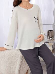 Conjunto de ropa de estar en casa para maternidad con bordado de panda y tejido de waffle