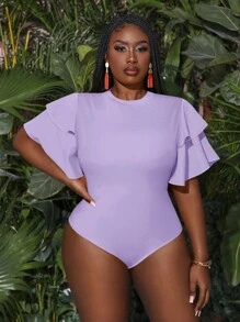Slaydiva Plus Size Multi-Layered Ruffle Sleeve Bodysuit - Mauve Purple - View 1