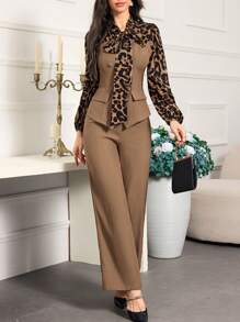 Modelyn Set de 2 piezas para mujer con top casual de manga larga con bolsillo y pantalón largo, diseño liso y parche con nudo delantero