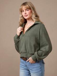 WESTFADE Spring Brushed Rib Knit Long Raglan Sleeve Polo Neck Top - Olive Green - View 4