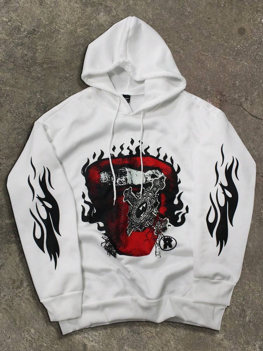 Manfinity EMRG 宽松版型男式骷髅手与字母图案抽绳连帽衫 - 白色 - 查看 1