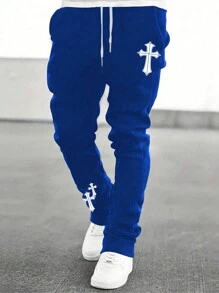 Manfinity LEGND Men's Cross Print Drawstring Waist Pocket Casual Sweatpants - Blue - View 1