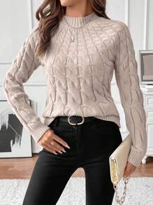 SHEIN Clasi Women Crew Neck Loose Twist Rope Textured Pullover Sweater Knit Pullover Fall Winter - Khaki - View 5