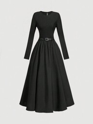 SHEIN MOD 1pc Women's Solid Color Long Sleeve Dress (With Belt), Winter Fashion, French Style Dress