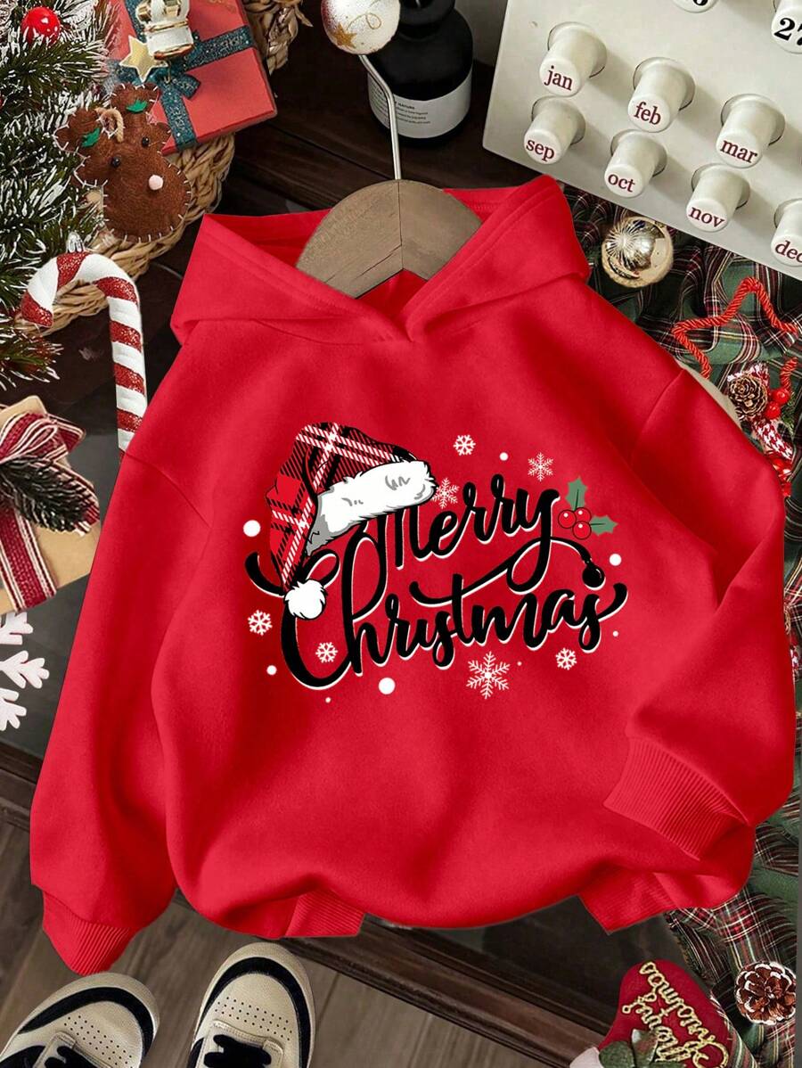 SHEIN EZwear 休闲圣诞快乐雪花印花红色连帽宽松厚款保暖内衬运动衫女士衣服，适合秋冬季和圣诞节 - 紅色 - 查看 1
