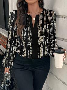 SHEIN Clasi Plus Size All-Over Print V-Neck Long Sleeve Elegant Commuting Shirt - Multicolor - View 1