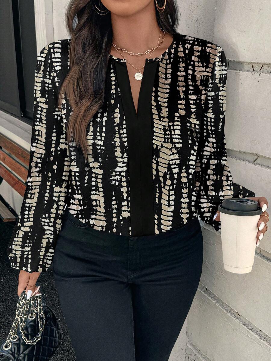 SHEIN Clasi Plus Size All-Over Print V-Neck Long Sleeve Elegant Commuting Shirt - Multicolor - View 1