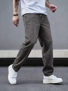 Manfinity Homme 休闲牛仔裤，简约时尚，适合日常穿着 - 深灰色 - 查看 5