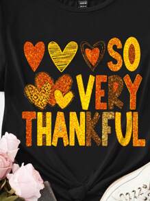 SHEIN Essnce 休闲简约心形图案圆领短袖修身大码女式 T 恤，适合夏季和感恩节 - 黑色 - 查看 3