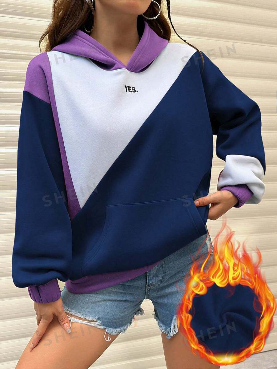 SHEIN Unity Sudadera con capucha casual sencilla de mujer con estampado de letras, manga larga y parches de unicolor