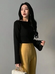 DAZY Damen Schwarz Breit Gestreifter Bootausschnitt Trompetenärmel Figurbetonte Pullover, Frühling/Herbst, Herbst Damenbekleidung