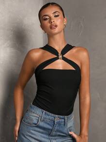 SHEIN PETITE CURVE Body ajustado de talla grande para mujer de unicolor simple con diseño calado