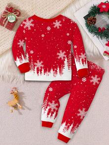 SHEIN 年轻女孩圣诞节可爱卡通驯鹿、圣诞树、雪花图案红色节日保暖贴身长袖上衣和裤子家居套装，适合秋冬季 - 彩色 - 查看 3