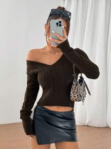 Flirla Suéter de punto minimalista de ajuste ceñido, de cuello en V y manga larga, de estilo casual para mujer, para otoño e invierno - Marrón - Ver 1