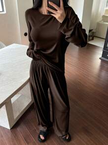 DAZY Simple Relaxed Solid Color Long Sleeve Top And Pants Loungewear Set, Fall Winter Clothes Pajama, Cozy Outfit - Coffee Brown - View 1