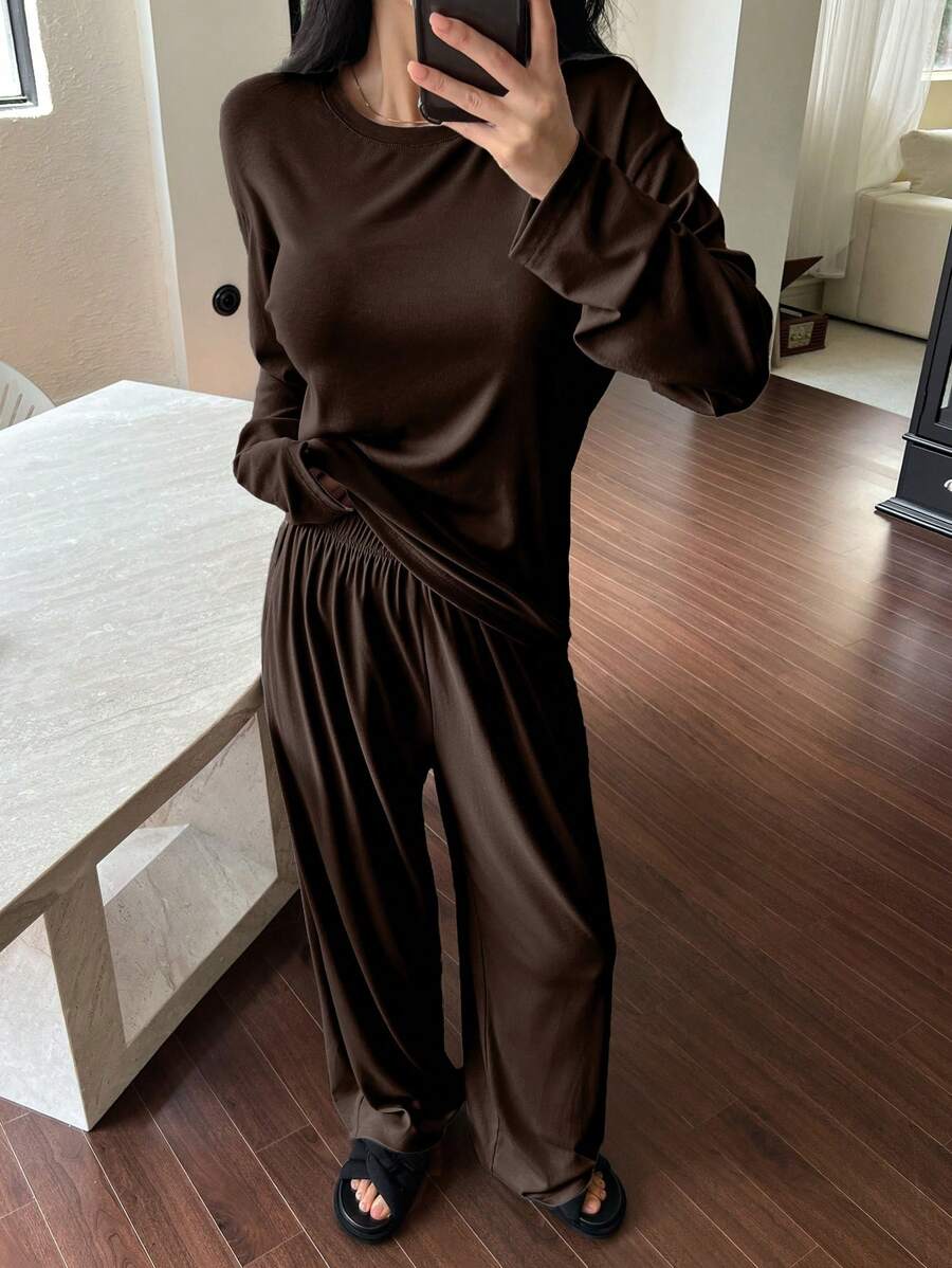 DAZY Simple Relaxed Solid Color Long Sleeve Top And Pants Loungewear Set, Fall Winter Clothes Pajama, Cozy Outfit - Coffee Brown - View 1