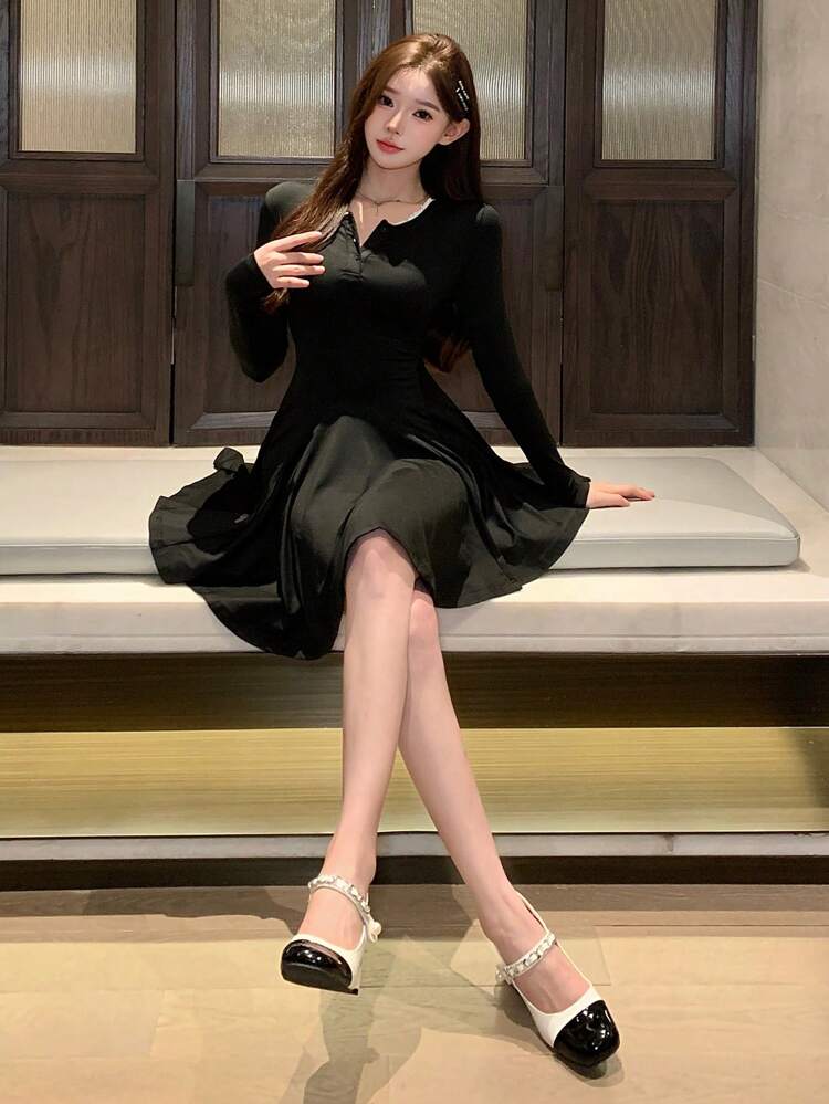 Women's Solid Color Round Neck Button Front Fitted Long Sleeve Mid-Calf Dress For Autumn/Winter,Fall Women Clothes