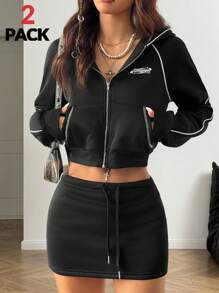 SHEIN EZwear Women's Winter Dark Academia Sportswear Basic Zip Up Hoodies And Mini Skirts Going Out Two Pieces Outfits