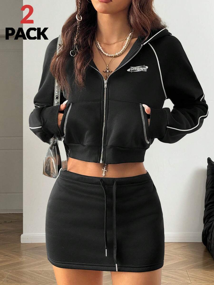 SHEIN EZwear Women's Winter Dark Academia Sportswear Basic Zip Up Hoodies And Mini Skirts Going Out Two Pieces Outfits