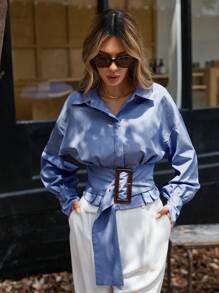 Aveloria Modichic Áo sơ mi kẻ sọc tay bồng màu sắc phong cách đi làm, thắt nơ eo, ôm sát, khóa cài ngày, ngắn kiểu Pháp, áo sơ mi cài nút cho nữ - Màu xanh hải quân - Xem 4