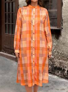 EMERY ROSE Plus Size Plaid Print Button-Down Long Sleeve Country Casual Dress,Winter Clothes For Women