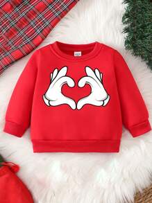 Baby Girl Casual Heart Gesture Print Fleece Crew Neck Pullover Sweatshirt, Autumn/Winter (Matching Daddy And Me, 4 Pieces Sold Separately) - Red - View 4