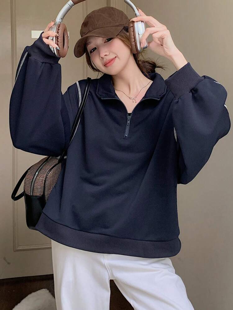 Women's Contrast Trim Half Zip Up Casual Versatile Long Sleeve Sweatshirt