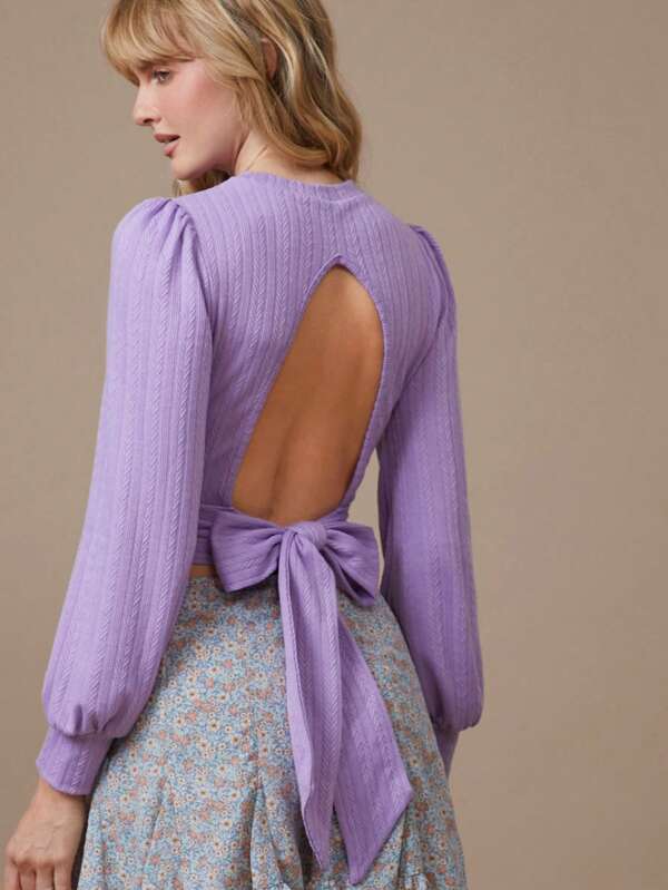 WESTFADE Western Cowgirl Stripe Textured Patterned Faux Sweater Knit Mock Neck Open Back Long Sleeve Bow Tie Top