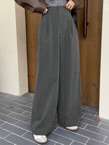 DAZY 女式条纹阔腿裤，带褶饰和松紧腰口袋，女式秋季正装裤 - 灰色 - 查看 4