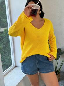 INAWLY 大码 V 领休闲纯色长袖套头毛衣，百搭，适合冬季 - 黃色 - 查看 8