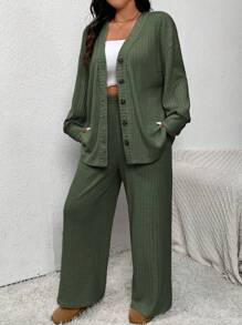 SHEIN Frenchy 2pcs Green Knitted Plus Size Set, Jacket + Pants, Casual & Comfortable, Autumn/Winter - Dark Green - View 6